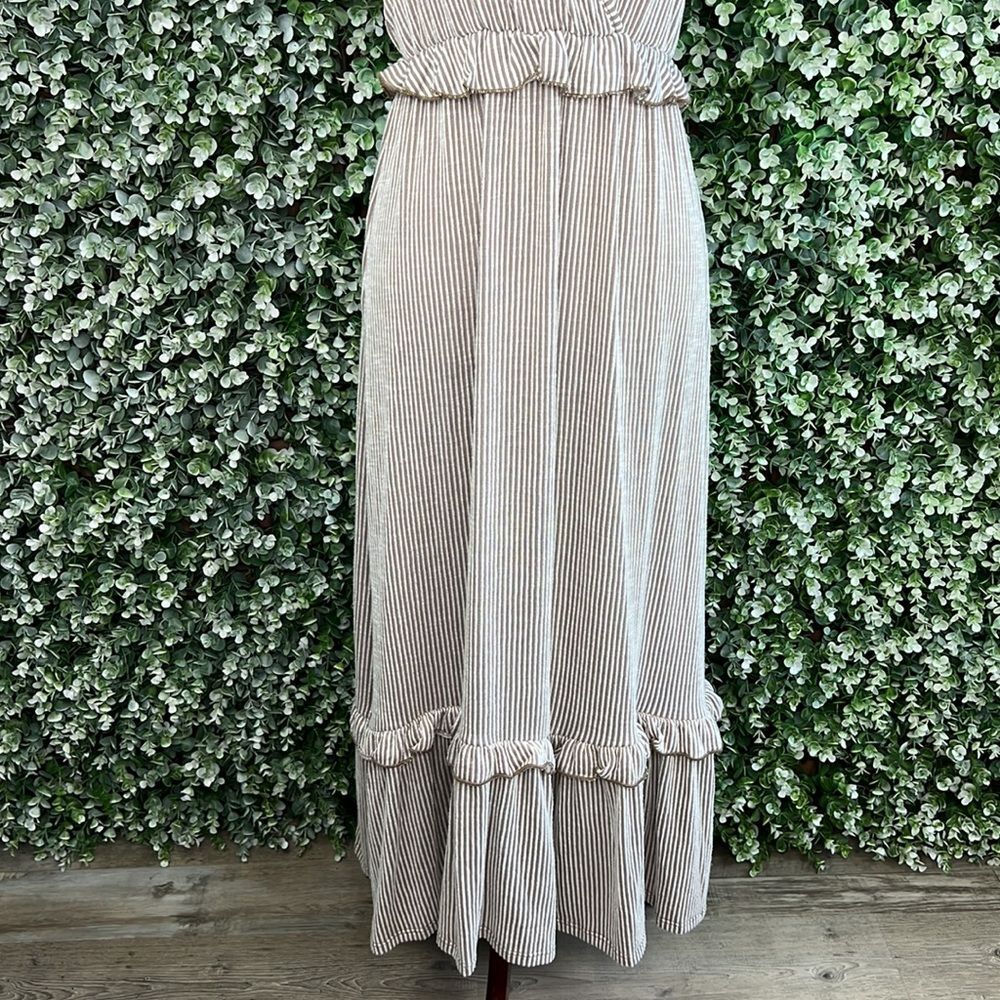 Caution To The Wind Neutral Stripe Ruffle Accent V-Neck Maxi Dress - Picture 7 of 11